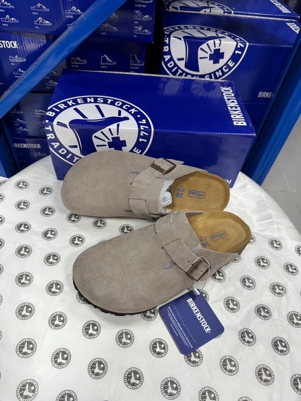 BIRKENSTOCK Boston taupe suede mule clogs